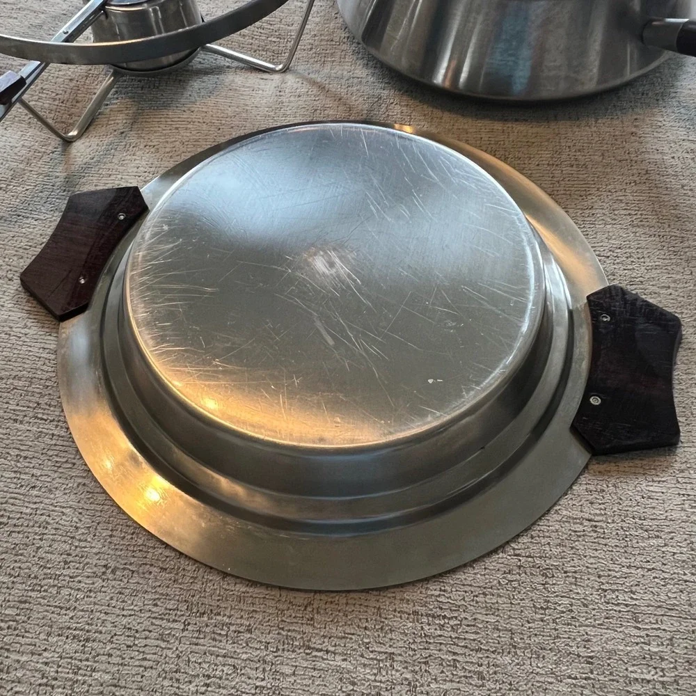Vintage MCM Stainless Steel Fondue Set Wood Handles 18 Numbered‎ Forks Retro 70s